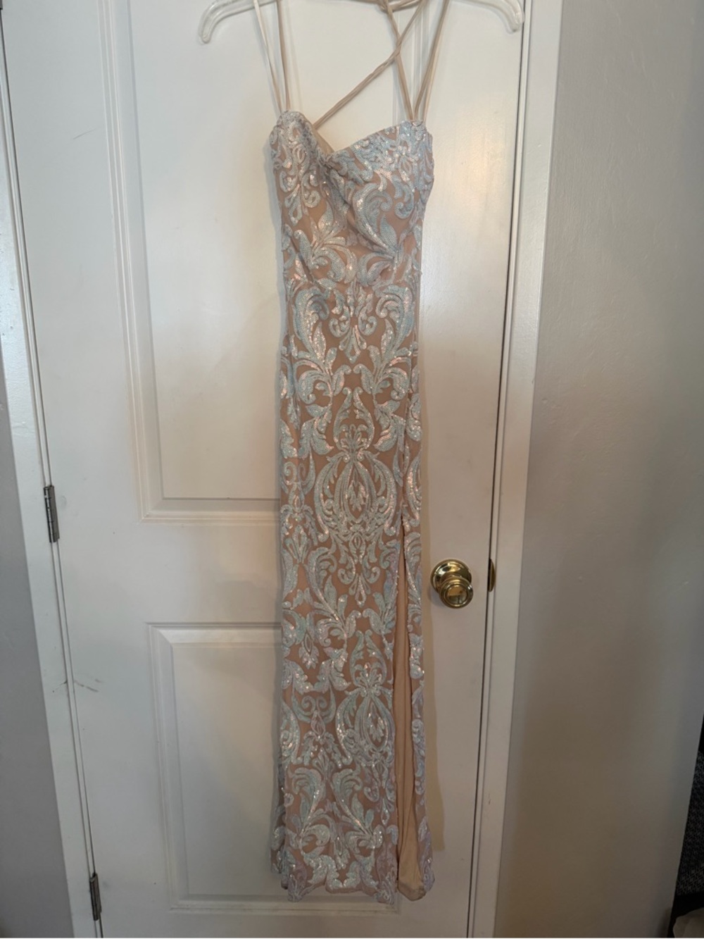 Windsor Nude and Silver Sequin Lace Evening Dress